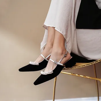 

Fashion Pearl Shallow Mouth Square Toe Velvet High Heels Shoes Woman 2020 Spring Summer New Thick Heels Slingbacks Sandals Women