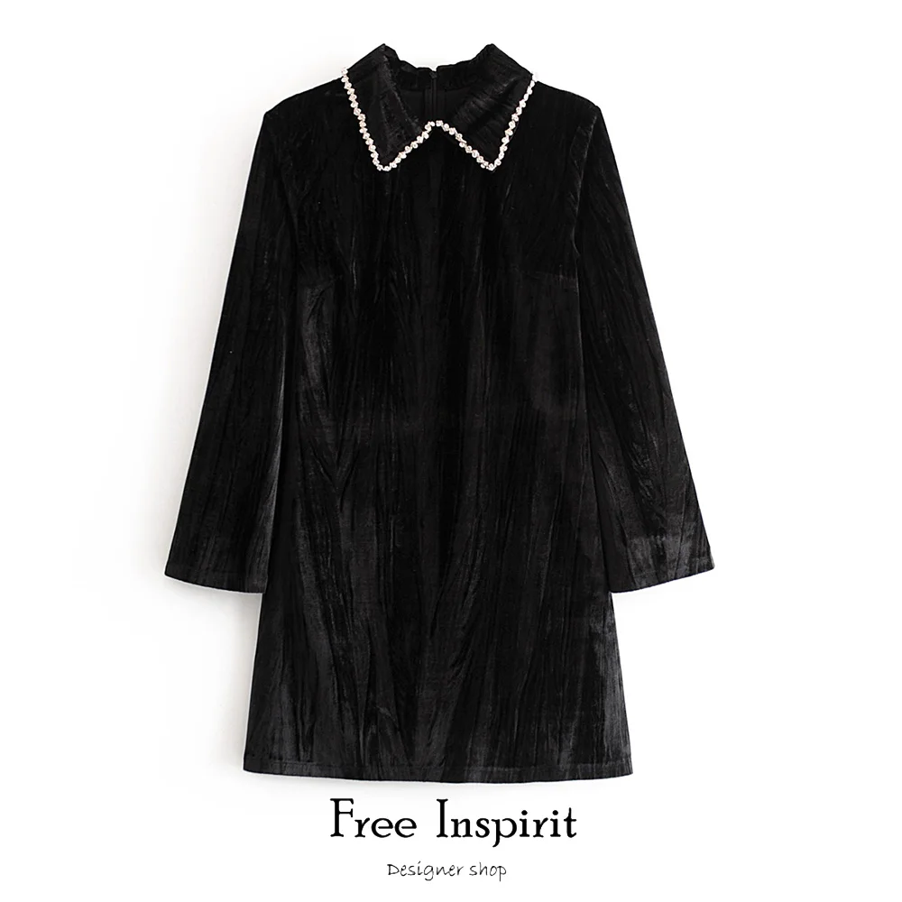 

Free Inspirit Women's Dress Autumn Casual Style Solid Full Sleeve Straight Dress Turn-down Collar Diamonds Above Knee Mini