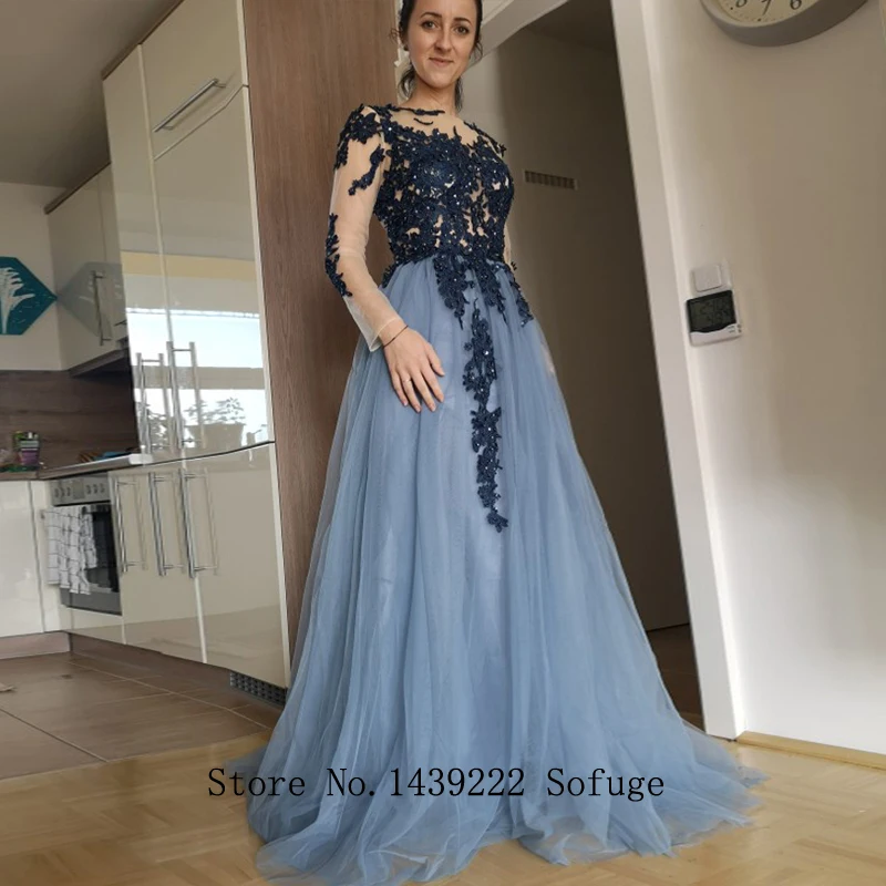 Navy Blue Scoop Aline Evening Dresses Prom Long Sleeves Pleat Beads Vestidos De Fiesta De Noche Robe De Soiree
