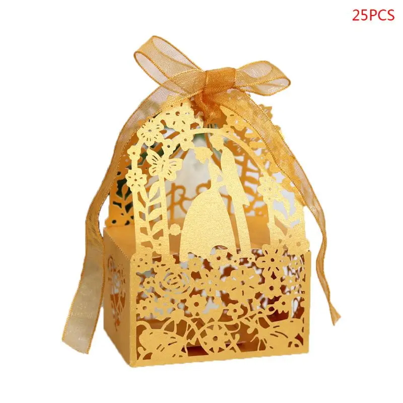 25 шт./компл. Бабочка и цветок Лазерная резка полые сувениры подарки коробка для конфет с бантом для вечеринки Свадебная вечеринка поставки - Цвет: Золотой