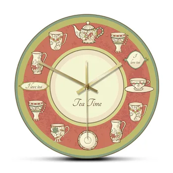 

Tea Time Retro Dishware Modern Design Dinning Room Wall Clock Tea Kettle Teapot Vintage Clock Kitchen Restaurant Teahouse Décor