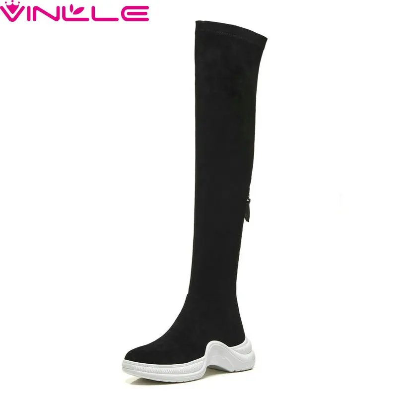 

VINLLE 2019 Fashion Women Over Knee High Boots Round Toe Sport Med Heel Simple Fashion Basic All Match Ladies Shoes Size 34-40