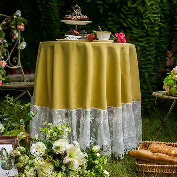

Pastoral Lace Embroidered Tablecloths Round Yellow Party Dining Coffee Table Cover Fabric Home Decorative 180 220cm Dustproof