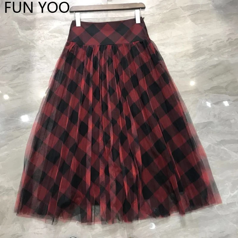 

2019 Woman Ball Gown Skirt Plaid High Waist Mesh Lace Mid-calf Length High Street Chic