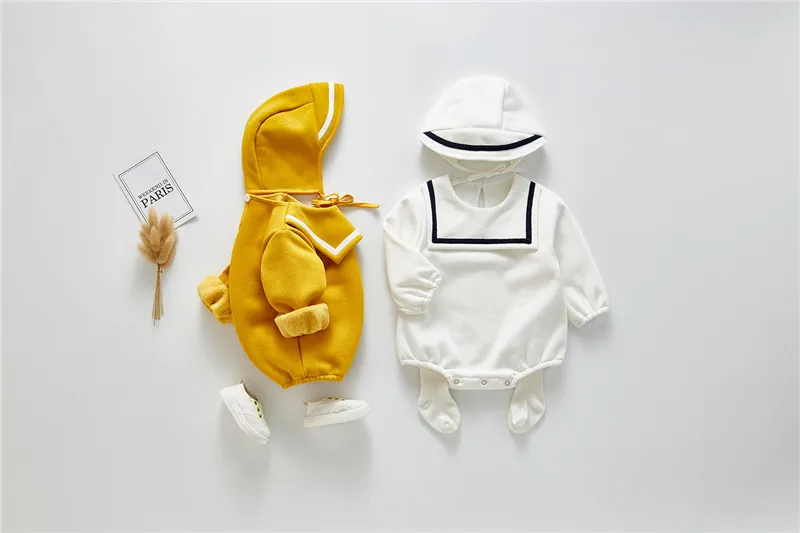 Зимние детские комбинезоны+ шапочка; комплекты для новорожденных девочек; теплые плюшевые комбинезоны с матросским воротником; одежда для малышей; хлопковая одежда для малышей