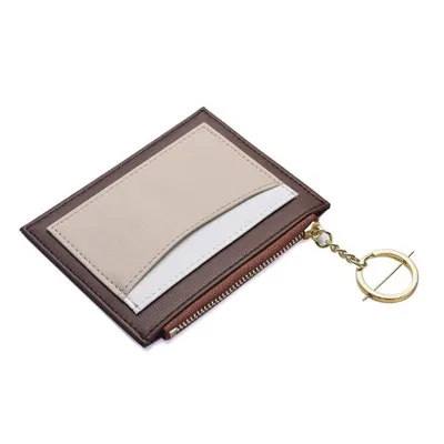 Женский мини-пакет для карт, модный брелок для ключей из искусственной кожи, ультратонкий держатель для карт на молнии, контрастная открытка с вышивкой кошелек - Цвет: Brown