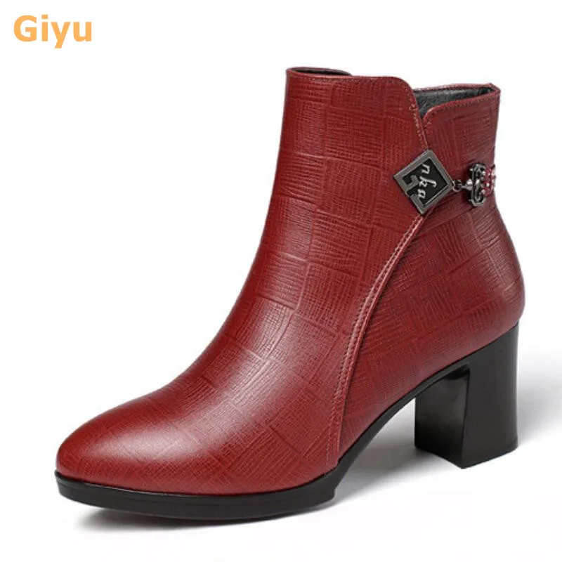

Giyu 2020 autumn and winter new Brand Genuine Leather Wool booties Female high heels Women's single boots Plus size ankle boots