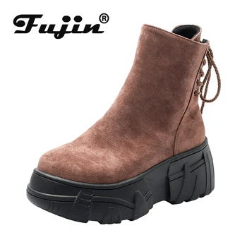 

Fujin Autumn Women Short Ankle Boots Thick Bottom Flock Leather Platform Wedges Boots Fashion Ladies Height Increasing Shoes Red