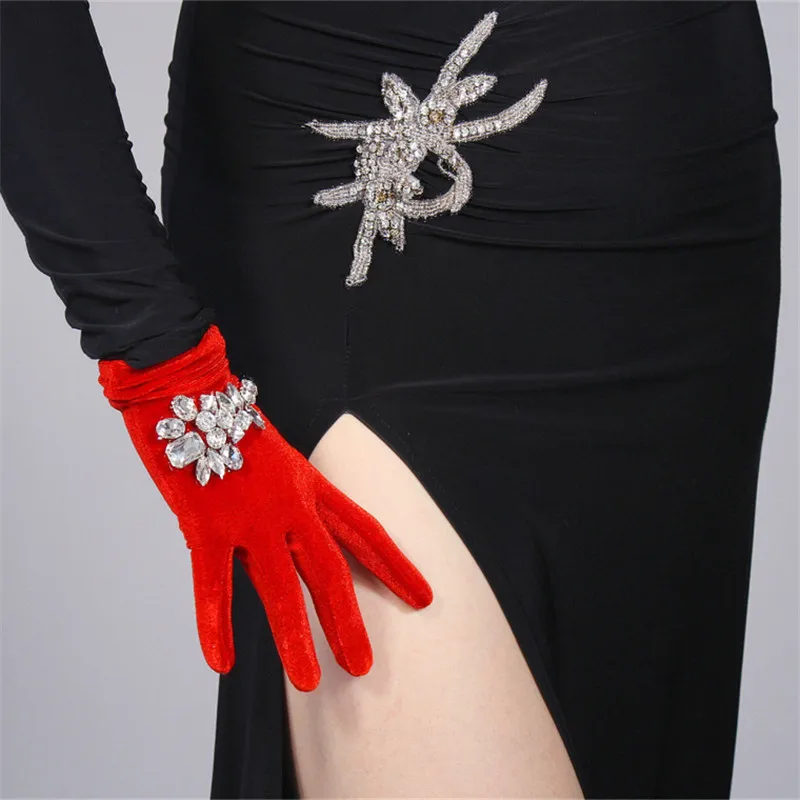 white Rhinestone Инкрустированные стразы, бархатные перчатки, 22 см, короткие, стильные, красные, высокие, эластичные, лебедь, велюр, золотой бархат, а+ стразы, рубин, женские, WSR28 - Цвет: white Rhinestone