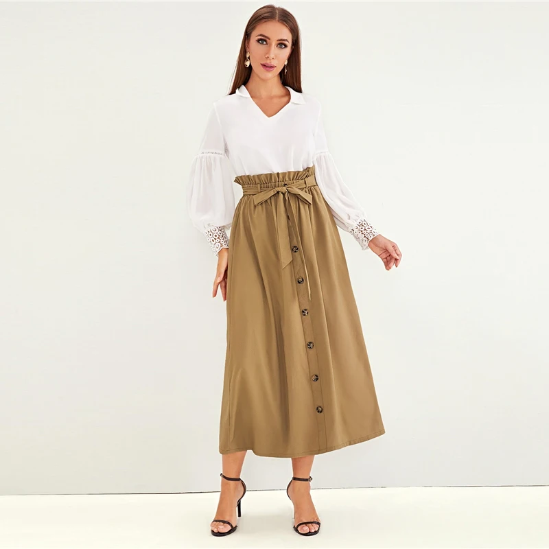 Sheinside Camel Paperbag поясная юбка женская Осенняя прямая юбка на пуговицах Женская однотонная повседневная юбка с поясом
