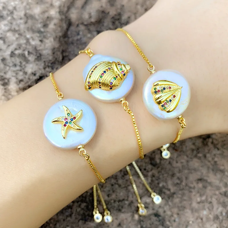 OCESRIO Women Fashion Bracelets Natural Shell Bracelet Abalone Seastar Pearl Round Charm Bracelets Rainbow Zirconia brt-b75