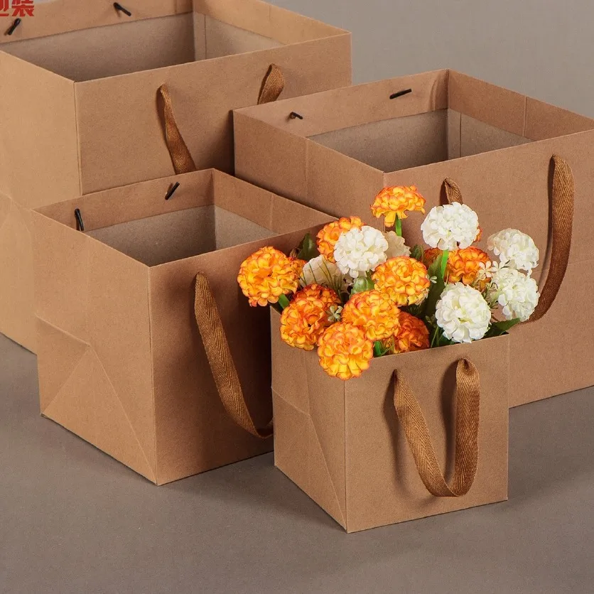 

Flower shop kraft paper bag square wide bottom large portable hand carry bags gift bags
