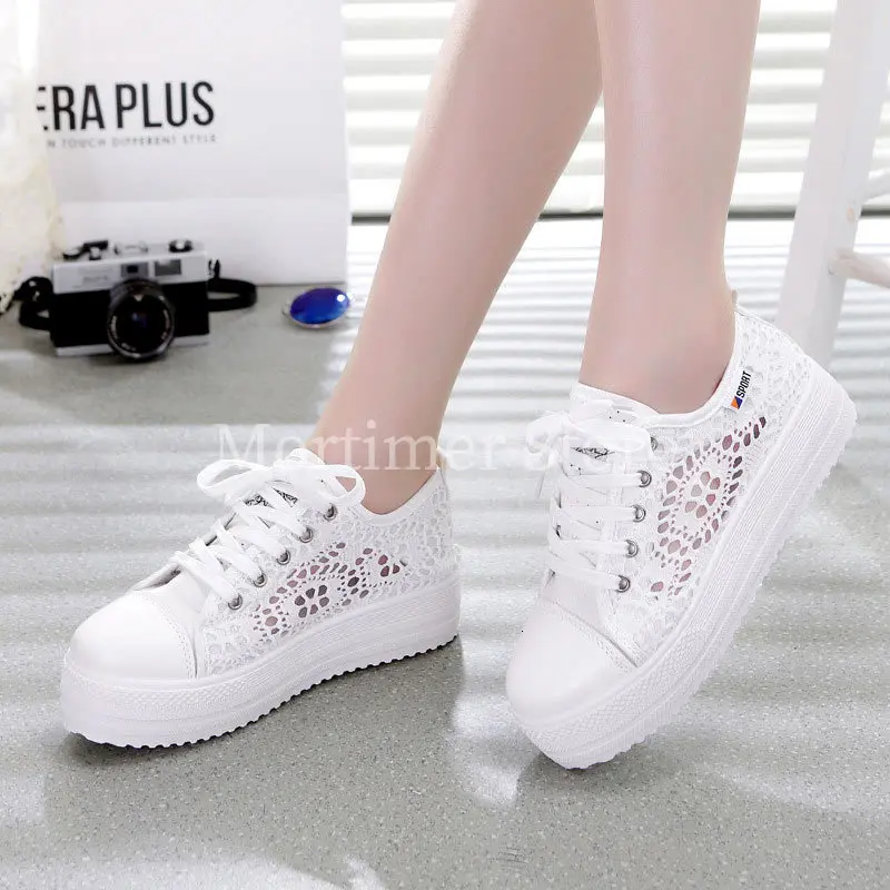 

Ladies Platform 2019 Solid Fashion Casual Wedges Shoes Woman Lace-up Canvas Sneakers Women Hollow Breathable Zapatos De Mujer