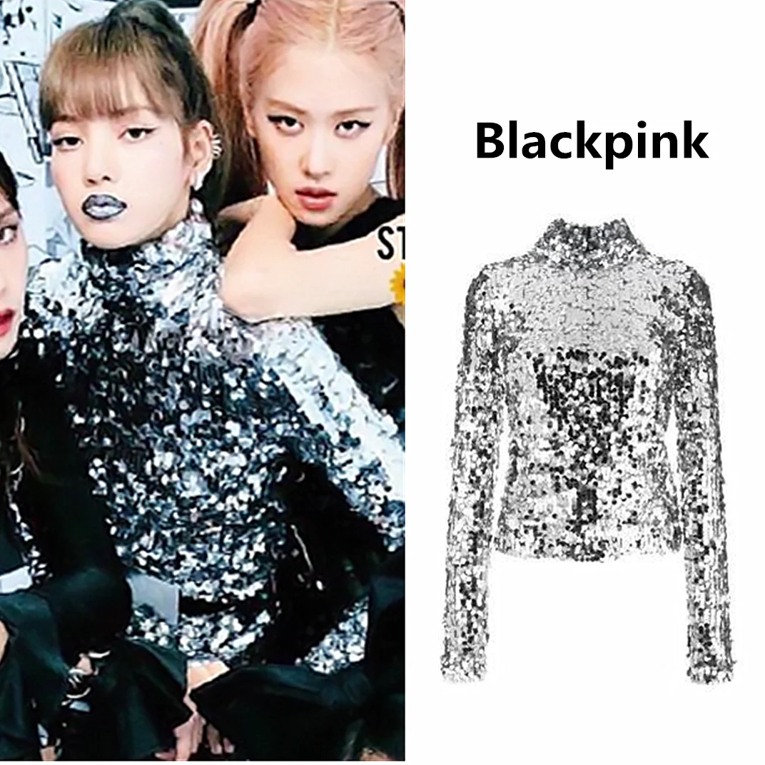 Kpop Blackpink Lisa сценическая Новинка, женская модная футболка с длинным рукавом и блестками, женская уличная сексуальная тонкая футболка, топы