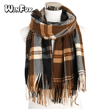 

Winfox 2019 Winter Warm Women's Cashmere Scarf Tassel Stole Pink Plaid Tippet Wraps Shawls foulard femme