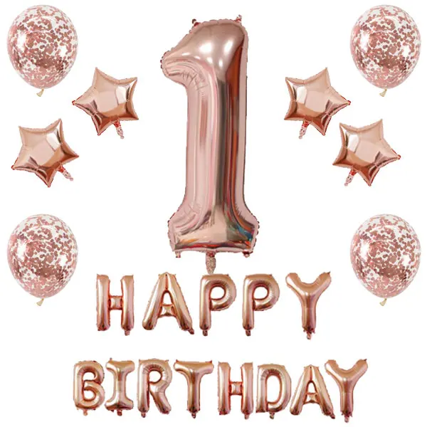 1st Birthday Boy Decoration Set Number 1 Mylar Rose Gold Balloons Baby First with Happy Banner | Дом и сад