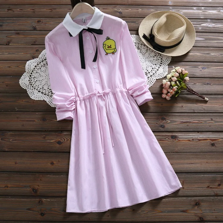 

Spring New Style Lace-up Waist Hugging Bow Stripes Long Sleeve Full Body Dress Single Breasted Stripes Women's Base Skirt S26415