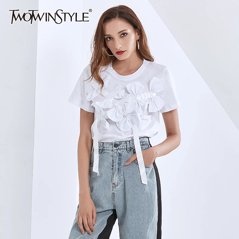 

TWOTWINSTYLE Patchwork Bowknot T Shirt For Women O Neck Short Sleeve Casual Black Chic Tops Female 2020 Summer Fashion New Style