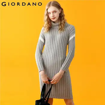 

Giordano Women Dress Turtleneck Contrast Color Long Sleeves Vestidos 12 Needle Knitting Warm Robe Femme 05469888