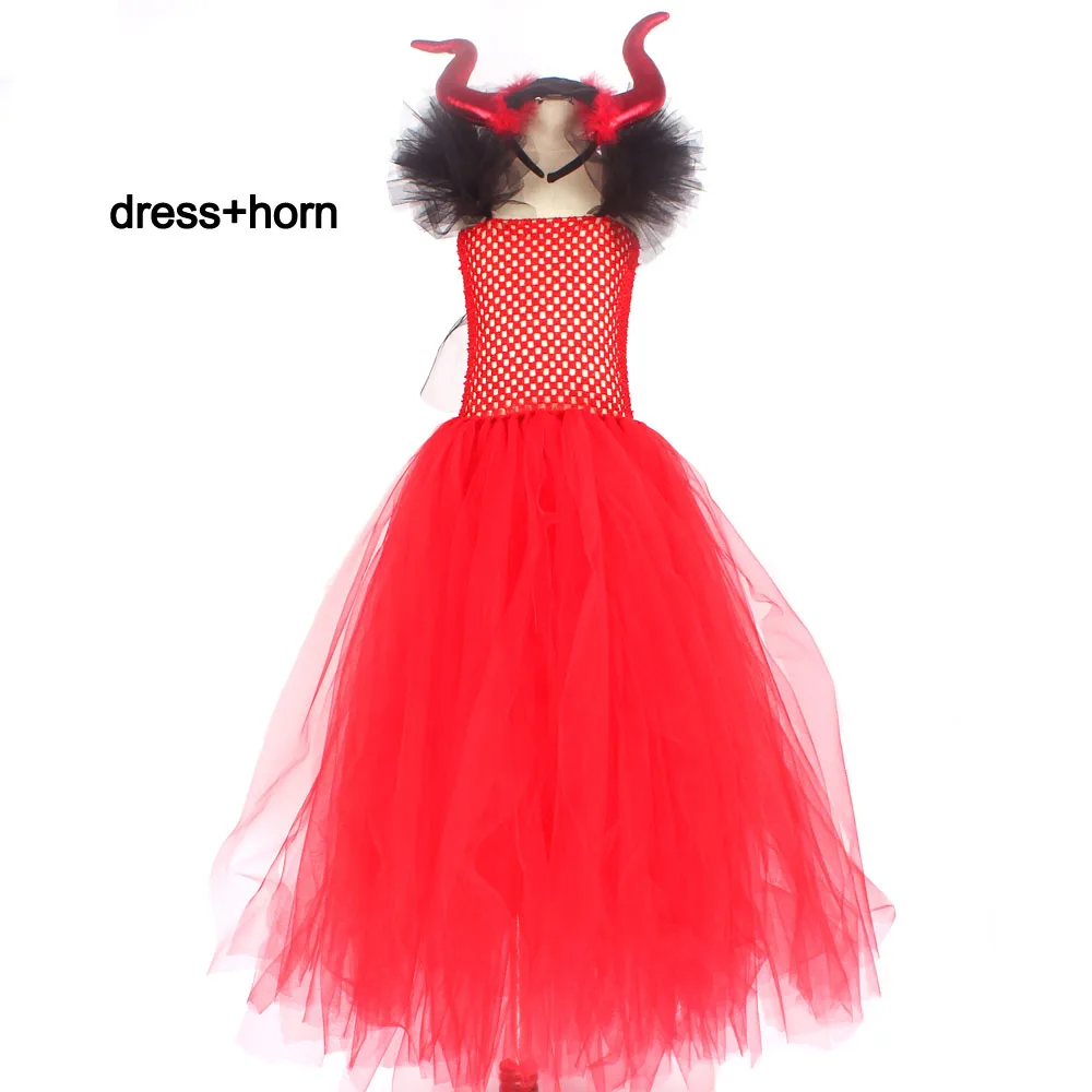 dress and headband Злой Алый Красный нарядное платье-пачка с рогами и крыльями для девочек, детское платье ведьмы, дьявола, демона, костюм на Хэллоуин, платье класса де-Люкс, платье - Цвет: dress and headband