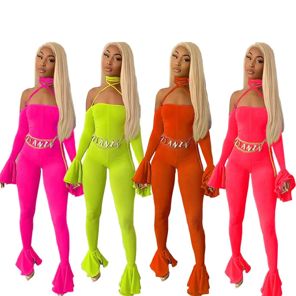 GL Women Winter Playsuit Jumpsuit Full Flare Sleeve Slash Neck Bandage Strap Sexy Backless Night Romper Party outfits HY5105