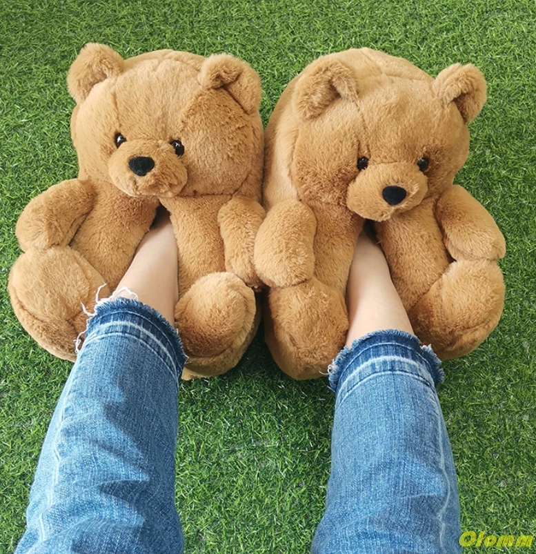 Women Teddy Bear Plush Slippers Cartoon Cute Bear House Slipper Winter Warm Furry Faux Fur Slides Woman Furry Flip Flop Shoes