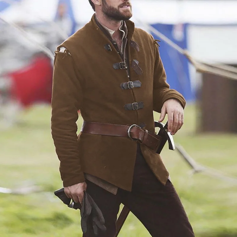 

Men's Jacket Autumn Warm Top Fashion Mens Slim Designed Lapel Jacket Men Medieval Classic Officer Leather Buckle Leather Jacket