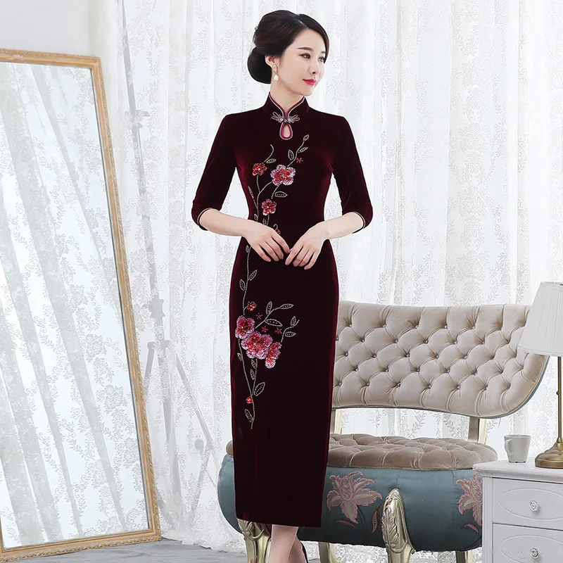 

2019 Hot Sale New Improved Velvet Cheongsam Long Married Woman Wave Of Cultivate Morality Dress Qipao Festival Mother Installed