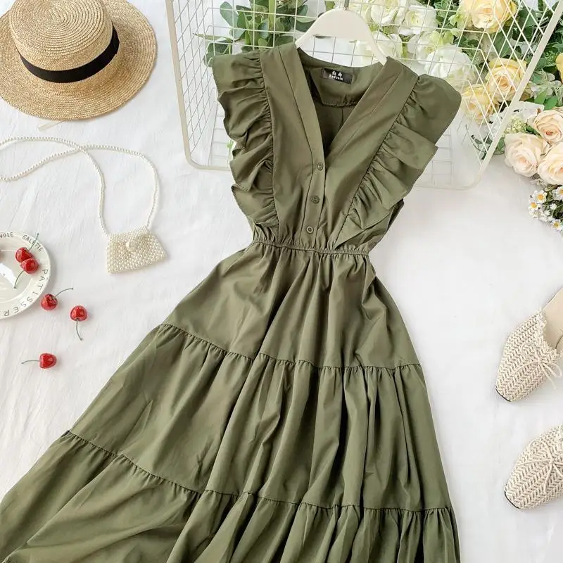 Elegant Women Midi Dress Fashion Summer Button A Line Sleeveless Ruffles Button High Waist Female Beach Vestidos New