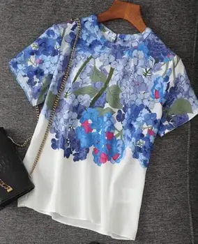 

New Summer T-shirt Women 2020 Fashion style Tees loose Elegant Ladies Floral Print O-Neck Short Sleeves Popular Silk T-shirt