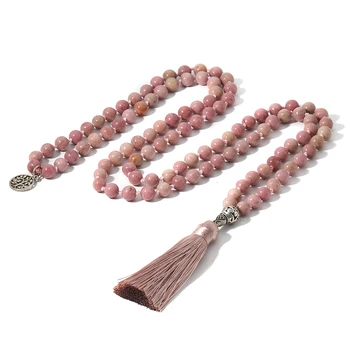 

YUOKIAA 108 Mala Beaded Necklaces Color Nature Stone Necklace Handmade Long Tassel Meditation Jewelry