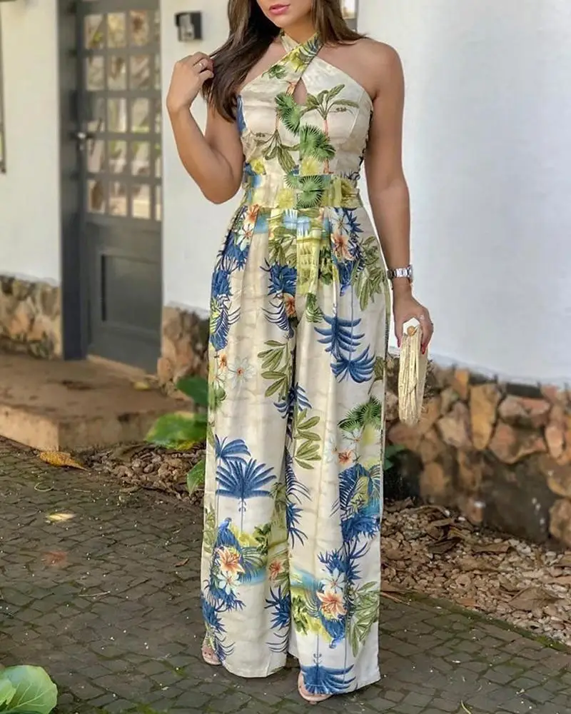 Crisscross Halter Tropical Print Jumpsuits for Women Sleeveless Casual One Piece Overalls Crisscross Halter Tropical Print Jumpsuits for Women Sleeveless Casual One Piece Overalls