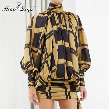 

MIAOQING Bowknot Plaid Dress For Women Turtleneck Lantern Long Sleeve High Waist Mini Dresses Female 2019 Autumn Fashion New