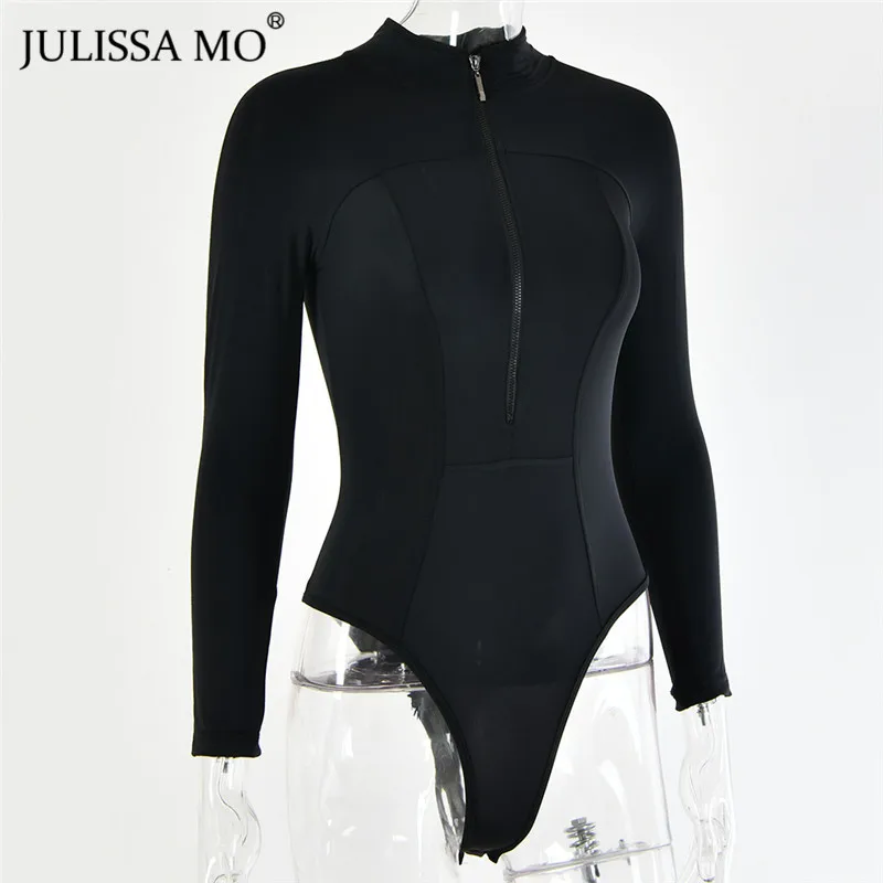 Julissa mo, черный облегающий боди с длинным рукавом, женские топы, модные базовые облегающие Комбинезоны на молнии,, Женский Повседневный эластичный комбинезон