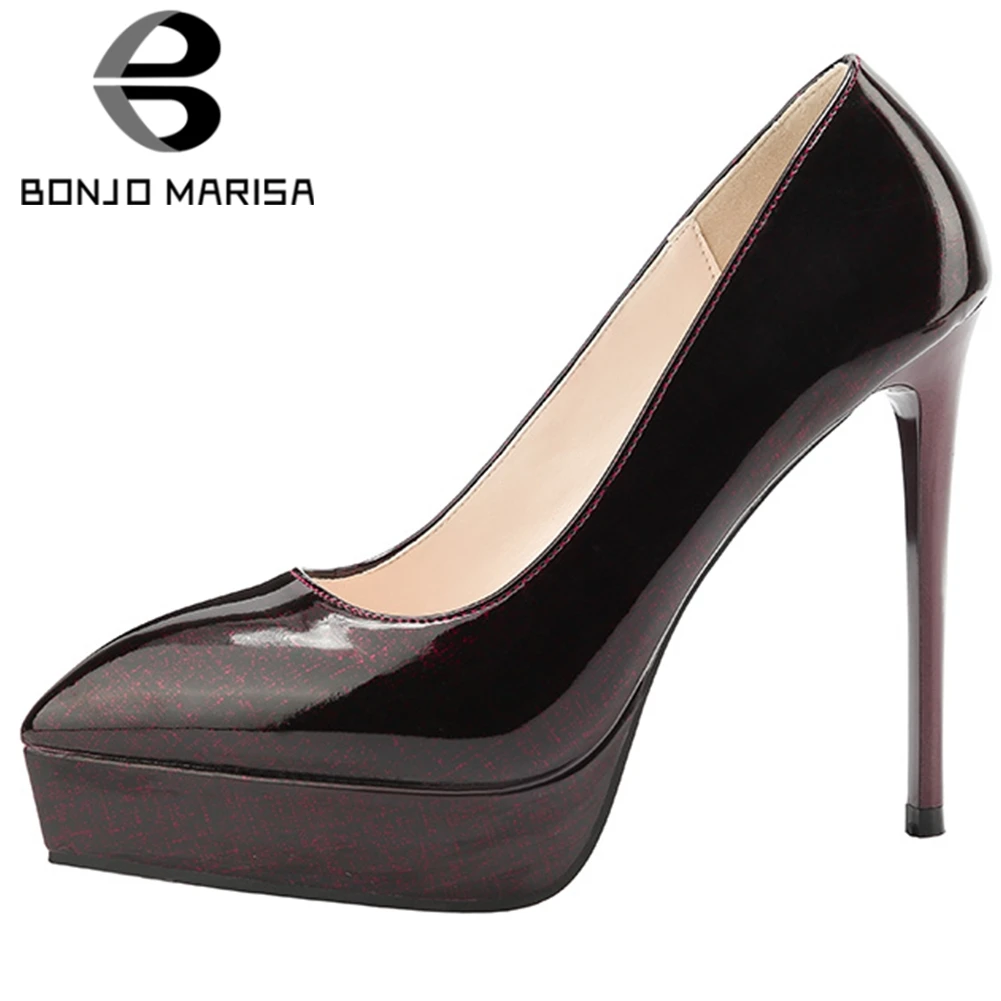 

BONJOMARISA New Ladies Spring mixed-color Patent PU Pumps Elegant Pointed Toe Platform Pumps Women OL High Heel Shoes Woman