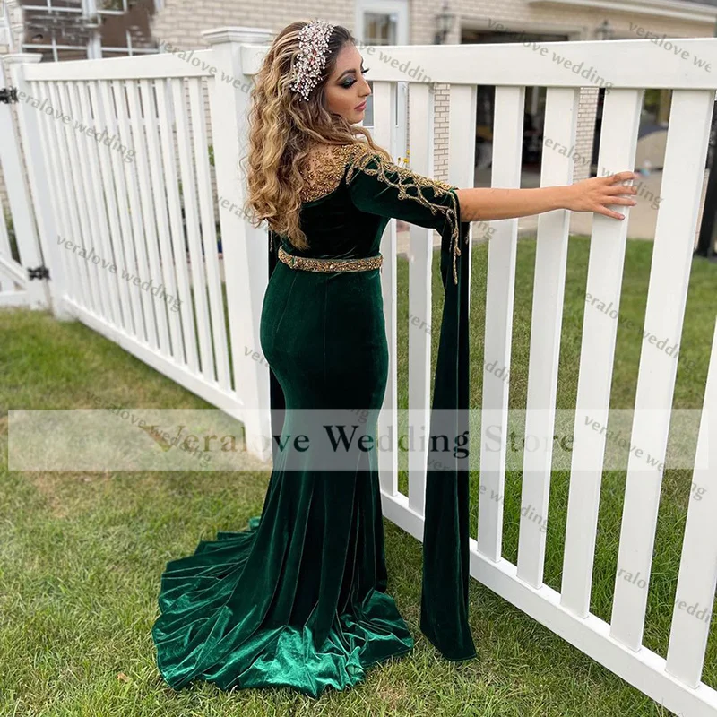 Muslim Green Evening Dresses 2021 Beaded Elegant Mermaid Velour For Arabic Saudi Women Party Prom Wear vestidos de fiesta long prom dresses