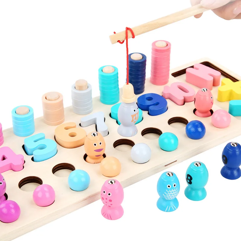

Wooden with Numbers Number Recognizing Shape Matching Building Blocks Kindergarten CHILDREN'S Toy Fishing Clip Beads Four-in-One