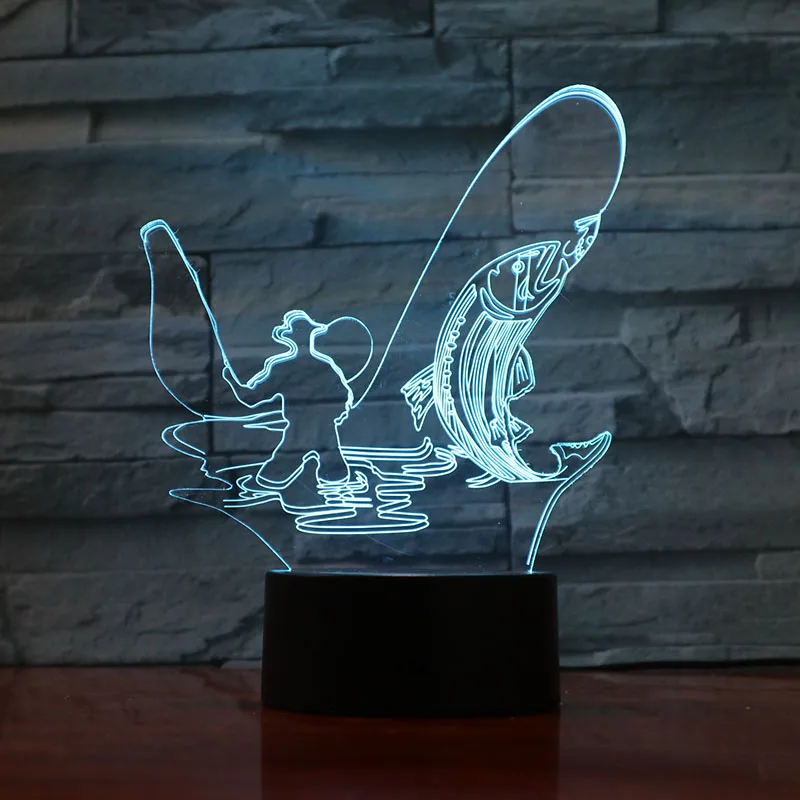 Светодиодный 3D настольный светильник в форме рыбацкого человека, USB, 7 цветов, меняющий форму рыбы, ночник, сенсорный дистанционный светильник для настроения, детский подарок, домашний декор