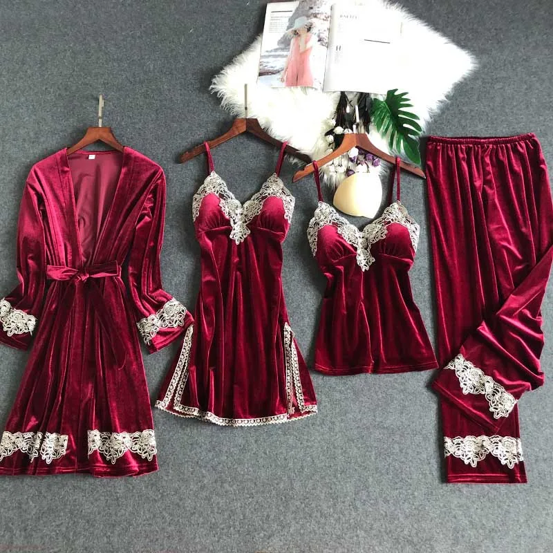 Женские пижамы, сексуальный халат, золотой бархатный женский пижамный комплект, теплая зимняя одежда для сна, 4 штуки, домашний костюм, длинные штаны и халат, костюм - Цвет: red