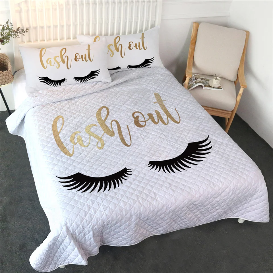 BlessLiving Eyelash Coverlet Set Cute Eyes Gold Black Bed Quilt Set 3-Piece Modern Bedspreads for Fashion Girls Summer Blanket - Цвет: 001 3pcs