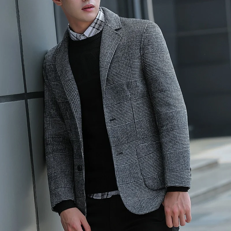 

2019 autumn and winter new men's Thick suit jacket Slim plaid Fleece double-sided tide wear casual Japan Style Single Breasted
