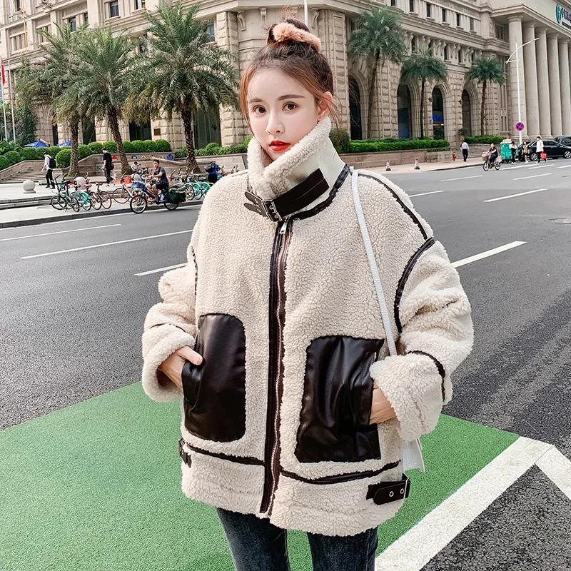 

Motorcycle Jacket Women's 2019 Winter New Style Short Thick Lamb's Wool Fur Korean-style Loose-Fit Students