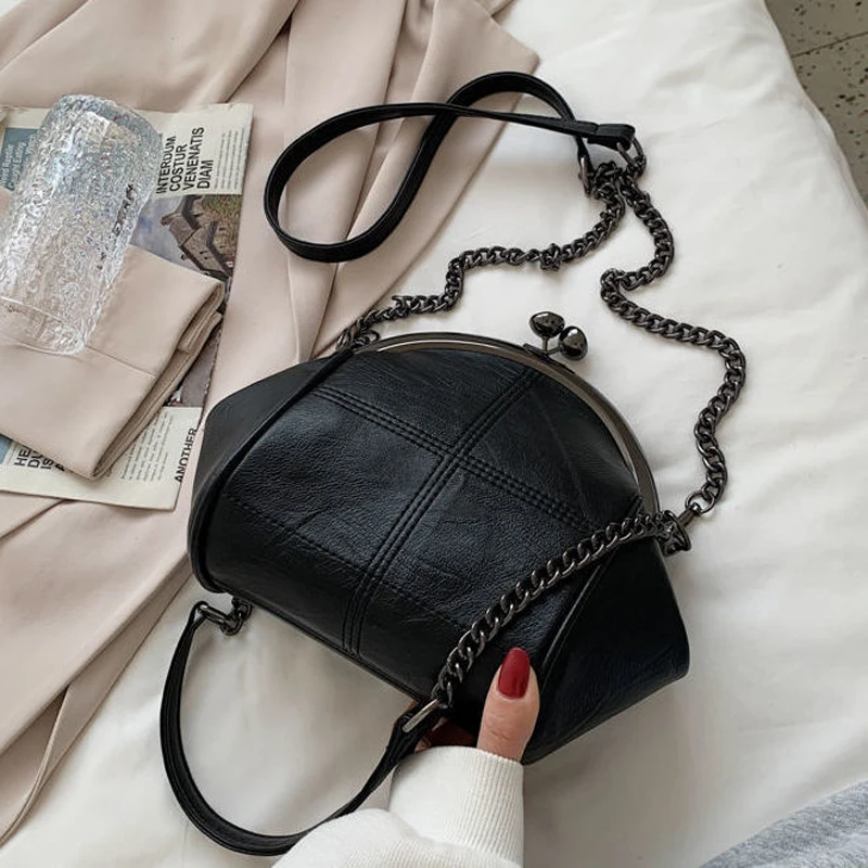 New vintage two straps shell lock bag chain women shoulder crossbody PU leather tote handbags purses