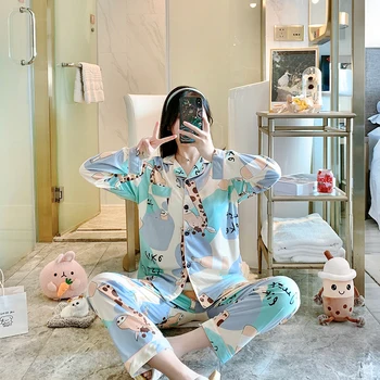 

Autumn Winter Long Sleeve Women Pajamas Set Lapel Colored Giraffe Print Female Pyjamas Set Cardigan Home Sleep Wear 2 Piece Suit