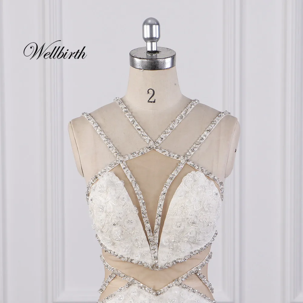 Реальное изображение Wellbirth Vestido de novia v-образный вырез tull молния сзади Русалка свадебное платье с коротким рукавом свадебное платье JC016