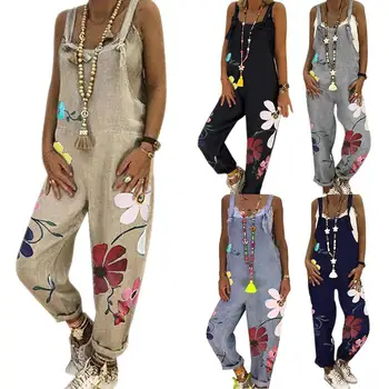 

Plus Size 3XL Women Sleeveless Floral Print Pockets Long Pants Loose Overall Jumpsuit Women Bodysuit Romper Long Playsuit
