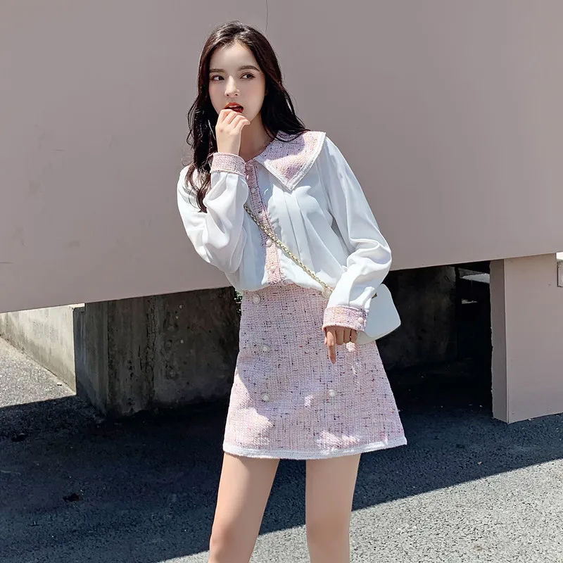 

Early Autumn New Style WOMEN'S Suit 2019 Graceful Western Style Peter Pan Collar Shirt Slimming Short Skirt-Style Two-Piece Set
