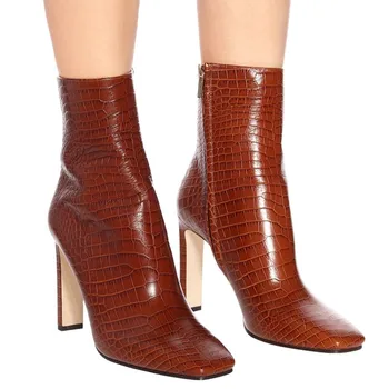 

Leather Patent Crocodile Pattern Square Toe Ankle Boots Luxyury Design Square Heel Sexy Ladies Large Size Martin Boots Zippers