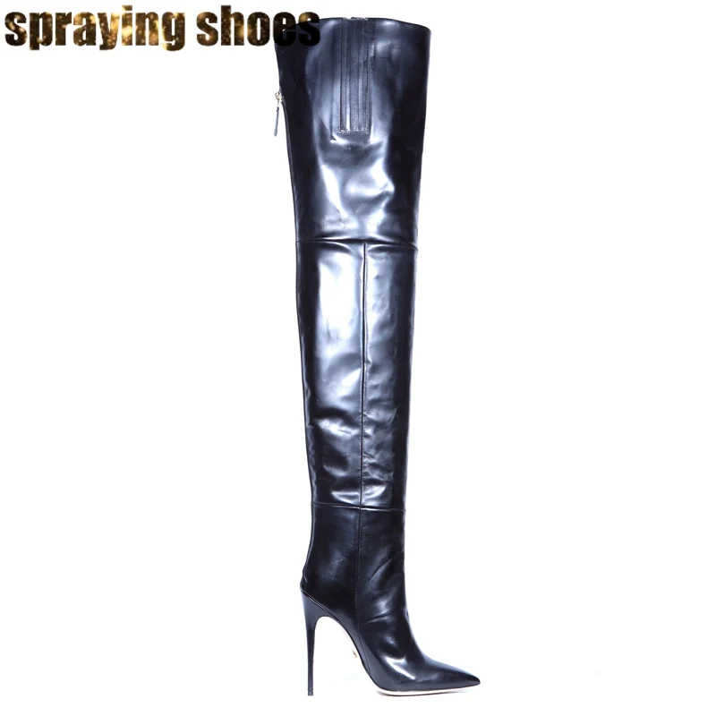 Черные кожаные сапоги до бедра с шаговым швом пикантная женская зимняя обувь женские ботфорты с острым носком на высоком каблуке-шпильке