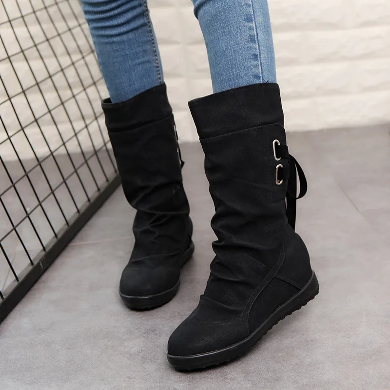 

2019 New Autumn mid-calf Women boots with Fashion Belt Buckle Comfort Flock Female shoes big size 43 Zapatos De Mujer